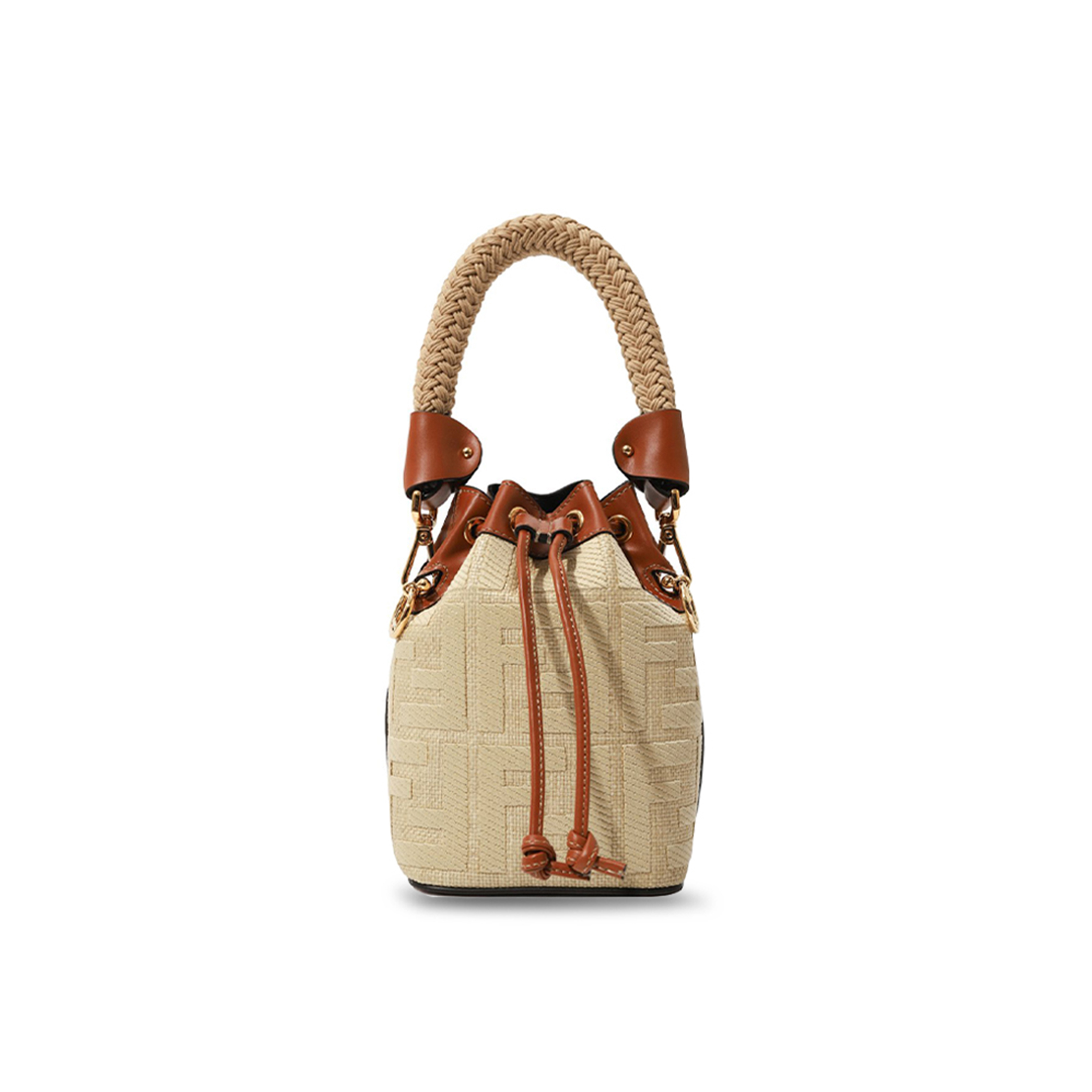 FENDI STRAW FF MINI MON TRESOR BUCKET BAG 8BS010AP4MF1LMM (18*12*10cm)